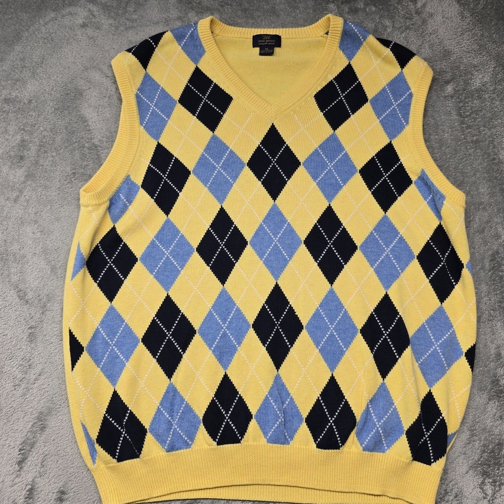 Brooks Brothers 346 Pullover Sweater Vest Mens XL Yellow Blue Argyle Knit V-Neck